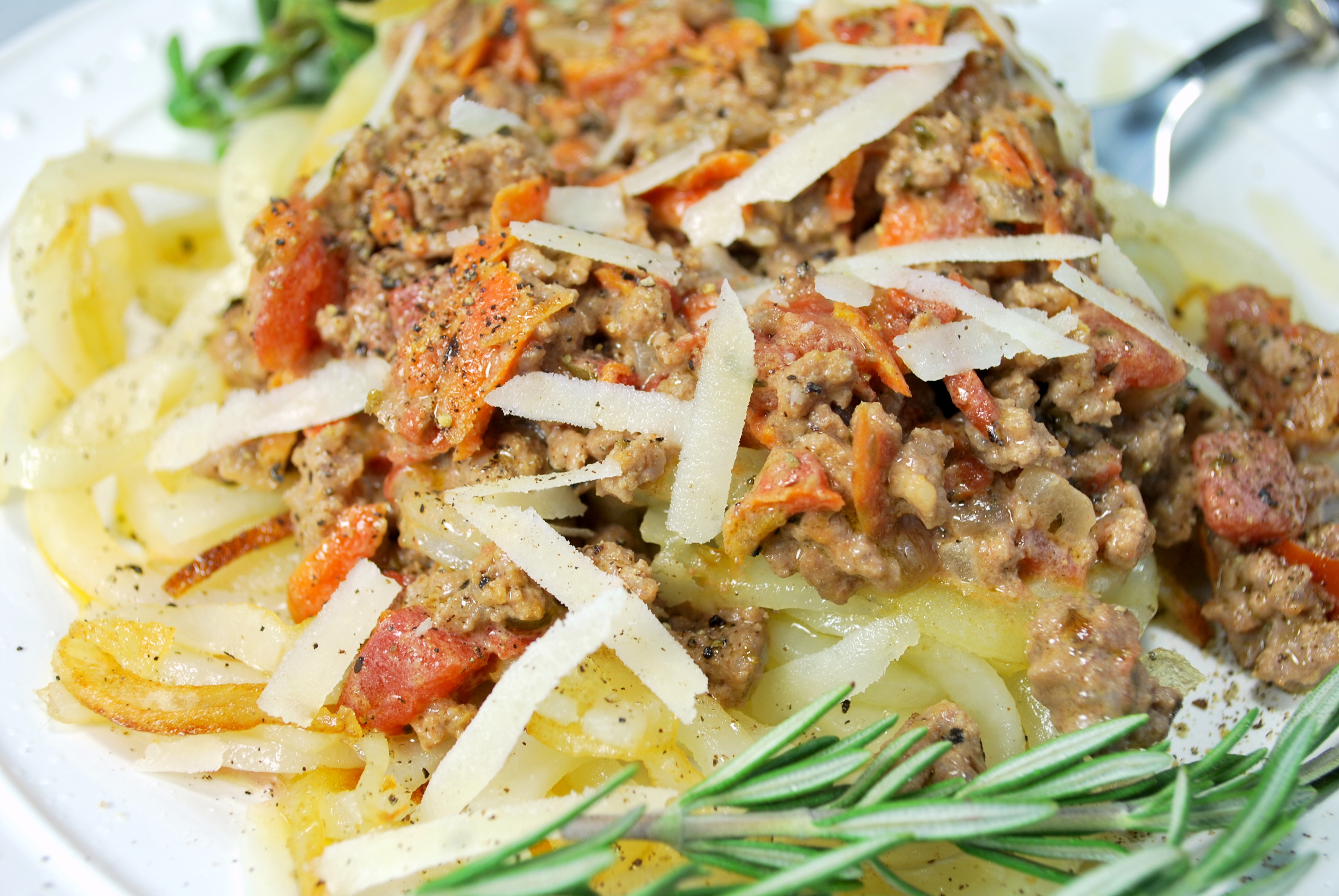 spiralizing recipes - beef ragu over potato pasta