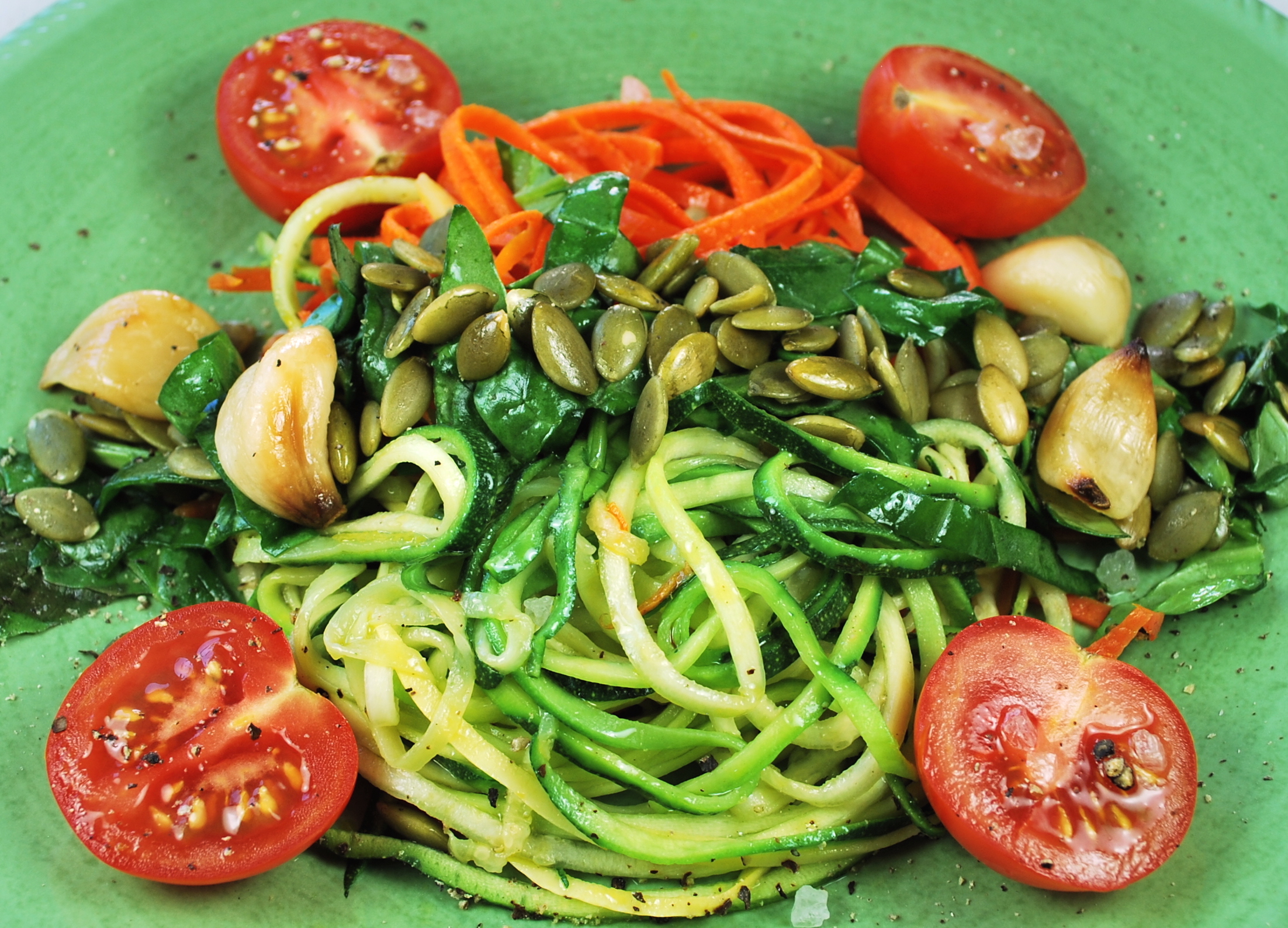 spiralizing recipes - carrot and zucchini spaghetti olive oil